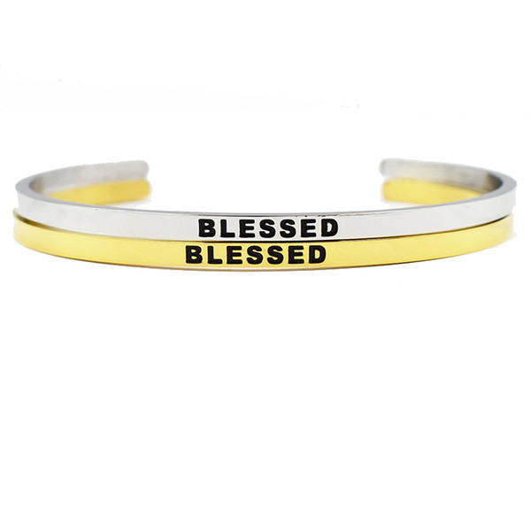 Hand Stamped Silver/Gold BLESSED Cuff Mantra Bracelet Bangle 316L Stainless Steel Engraved Positive Inspirational Quote Bangle Bracelet