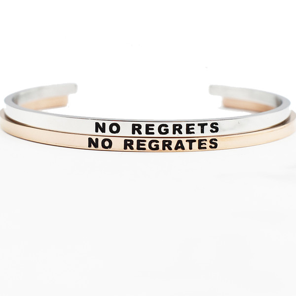 Fashion Silver/Rosegold NO REGRATES Cuff Mantra Bracelet Bangle 316L Stainless Steel Engraved Positive Inspirational Quote Bangle Bracelet