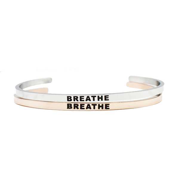 Hand Stamped Silver/Rosegold Breathe Cuff Mantra Bracelet Bangle 316L Stainless Steel Engraved Positive Inspirational Quote Bangle Bracelet