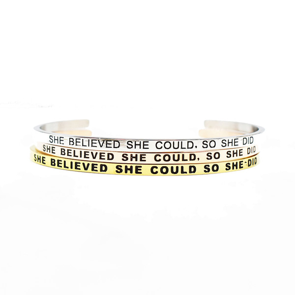 She Believed She Could So She Did Cuff Bracelet 316L Stainless Steel Engraved Positive Inspirational Quote Bangle Bracelet Jewelry