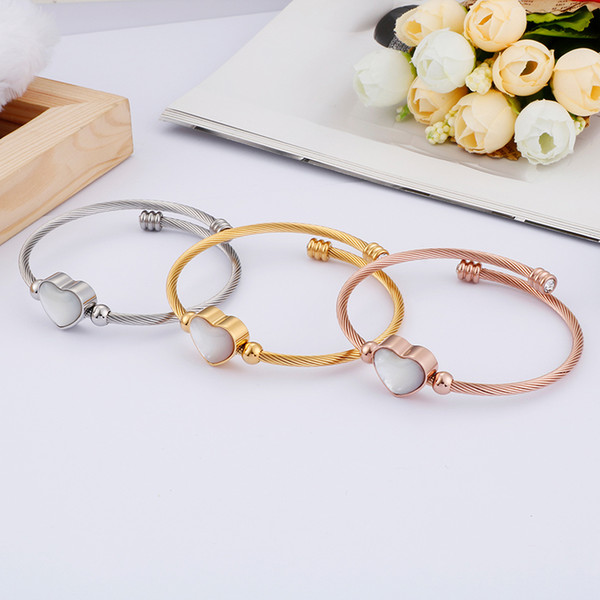 Wholesale 58mm Twisted Cable Wire Bangle For Women Zircon Stainless Steel Fashion Heart Charm Pattern European