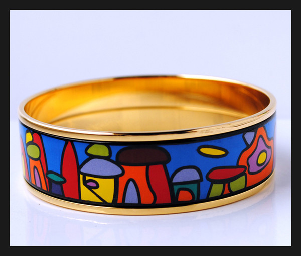 Hundertwasser Village Series 18K gold-plated enamel bangle bracelet for woman Top quality bracelets bangles width 20mm Fashion jewelry