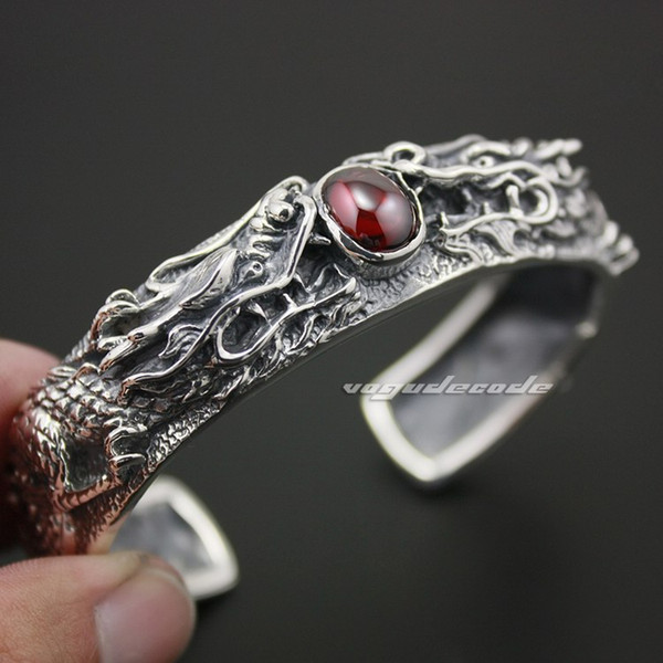 Red CZ Stone 925 Sterling Silver Dragon Bangle Mens Biker Rock Punk Bangle 9A001 Fit 6.3 ~ 7.8 inches Wrist