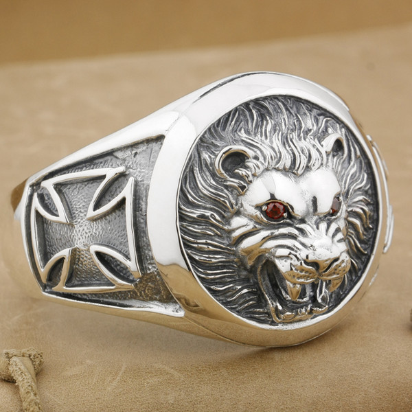 925 Sterling Silver Huge Lion Knight King Cross Mens Biker Rock Punk Bangle 9B005 Fit 6.3 ~ 7.8 inches Wrist