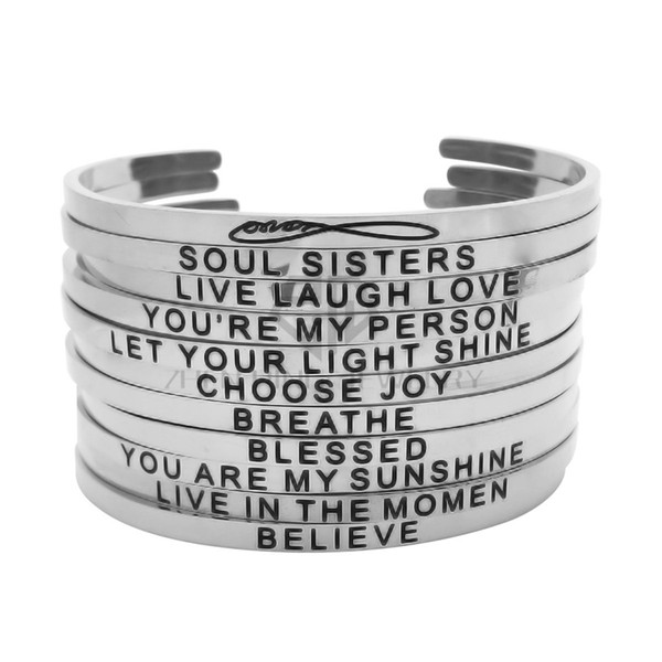 Silver Stackable 316L Stainless Steel Engraved Bracelet Positive Inspirational Open Stamped Cuff Bangle For Women Best Gifts