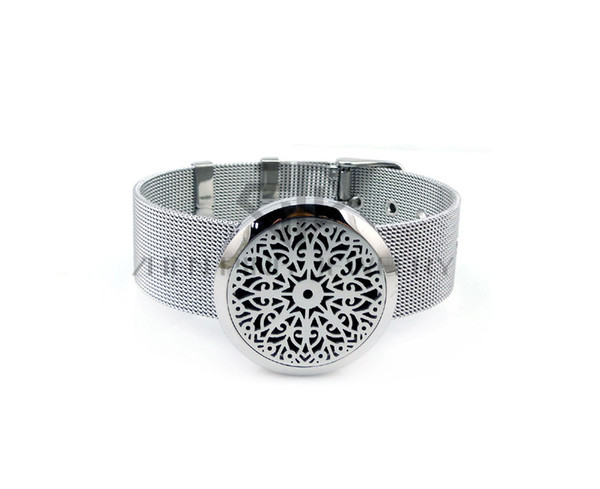 Round Silver Msndala Desgin(30mm) with Metal Mesh Band Stainless Steel Aromatherapy Essential Oils Diffuser Locket Bracelet