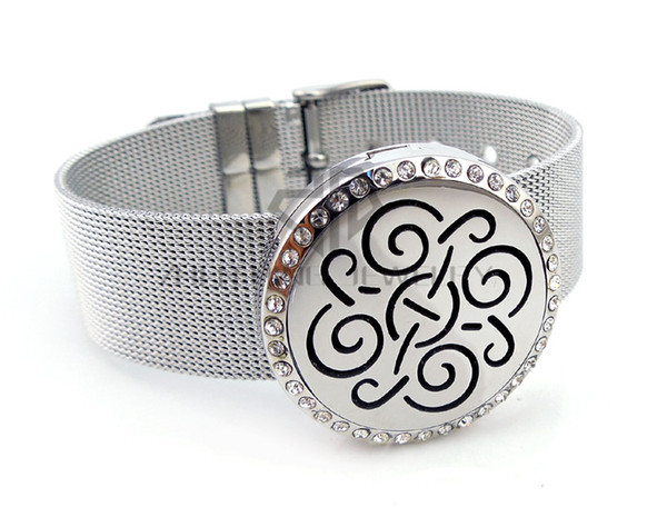 Round Silver (30mm) with Metal Mesh Band with Crystal Stainless Steel Diffuser Aromatherapy Essential Oils Lockets Bracelet