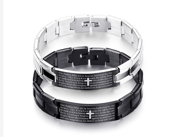 Titanium Steel Black Cross Bracelet English Bible Lord's Prayer Charms Cuff Inlaid Magnet Bracelet For Men Couples Gift Jewelry Fashion NEW