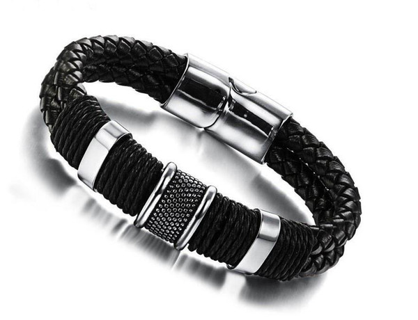 Wide Mens Weave Chain Leather Bangle Bracelet Wristband Pour Insert Magnetic Buckle Stainless Steel Bracelets For Women Couples Bracelets