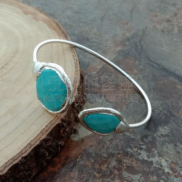 B092605 Blue Stone White Golden Plated Bangle Bracelet