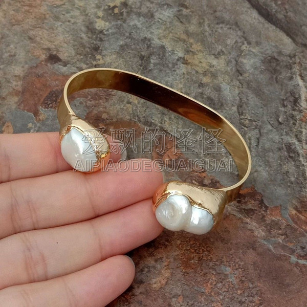 B010626 15x21MM White Keshi Pearl 24 K Golden Plated Bangle Bracelet