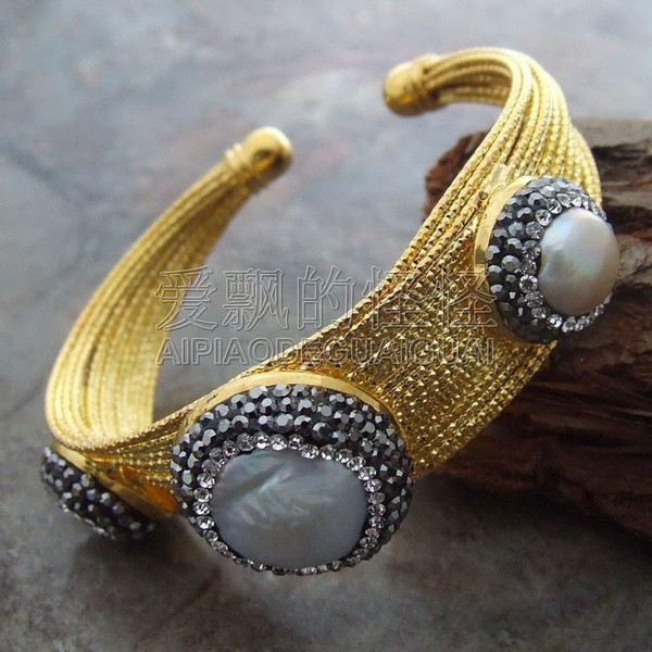 B011215 White Pearl Trimmed With Marcasite Bangle Bracelet