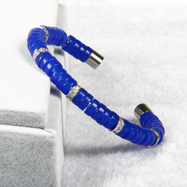 Wholesale 10pcs/lot High Grade Open Cuff Blue Beads Titanium Stainless Steel Cz Spacer Luxury Bangle Cool Mens Fashion Bracelet