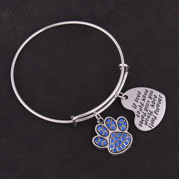 Crystal Dog Cat Paw Print And If Love Could Have Saved You,You Would Have Lived Forever Heart Charm Adjustable Wire Bangle