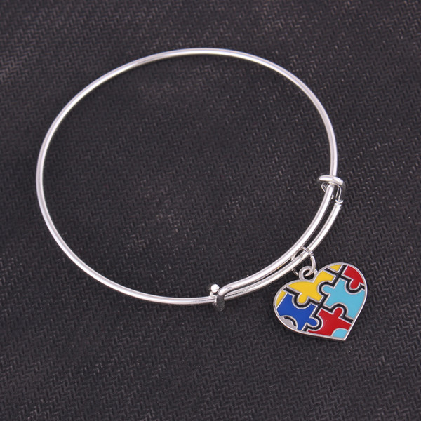 Autism Hope Autism Awareness Pendants Enamel Single-Sided Heart Cross Puzzle Piece Jigsaw Charm Adjustable Bangles Jewelry Trade Assurance