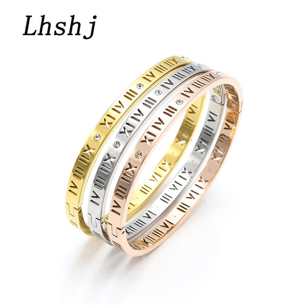 Trendy rose gold stainless steel Roman Numeral bracelet for women hollow crystal cuff bangle 5 mm high quality jewelry luxury accessiors