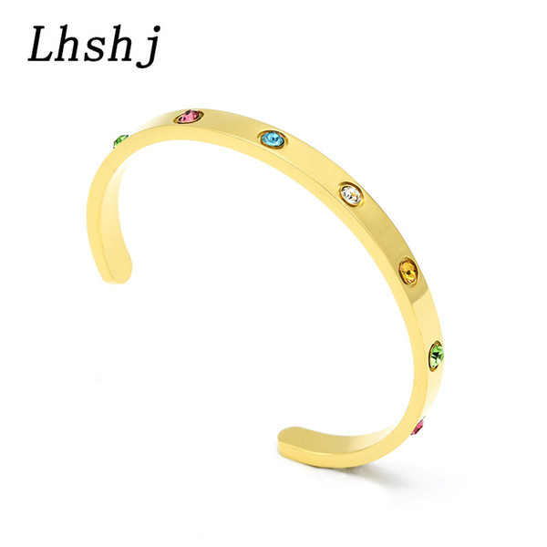 Charm stainless steel cuff bangle for women colorful crystal bracelet c shape jewelry gift