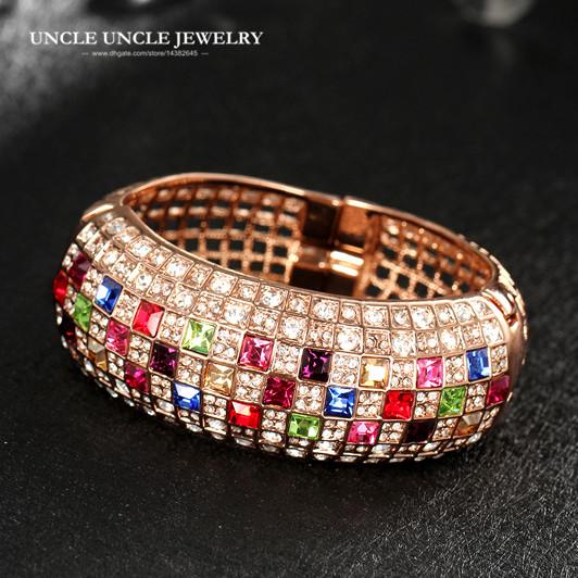 Amazing Rose Gold Color Multicolor Cubic Zirconia Fully Setting Luxury Queen Series Woman Bangle Bracelets Wholesale