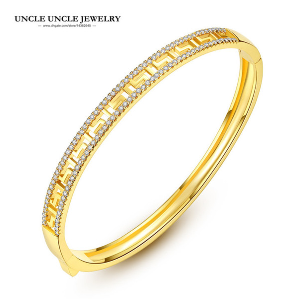 Brand Design Gold Color Zirconia Fully Micro Set Hollow out Paved G Rome Style Luxury Woman Bangle Bracelet Wholesale