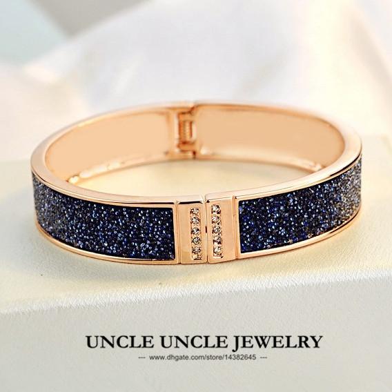 Elegant Woman Crystal Bangle Gold Color Brand Design Blue Crystal Fully Inlaid Starlight Love Ladies Bracelet Bangle Wholesale