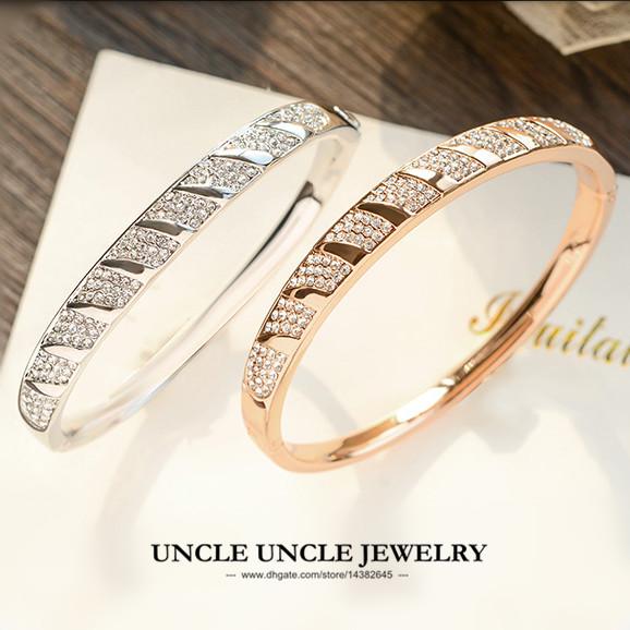 White Gold Color High Quality Austrian Rhinestones Inlaid Retro Spiraling Stripe Design Lady Bangle Bracelet Wholesale