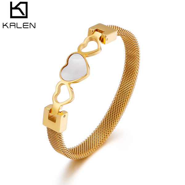 Kalen Fashion Stainless Steel Women Bangles Gold/Silver/Rose Gold Three Hollow Hearts White Sheel Link Chain Bangles For Women Jewelry