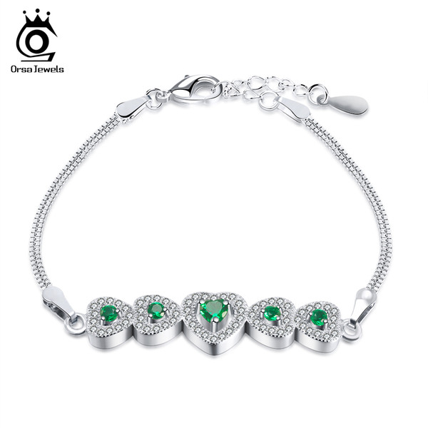 ORSA JEWELS Women Bracelets & Bangles Silver Color Heart Shape Romantic Style Snake Chain Green AAA CZ Female Jewelry OB50