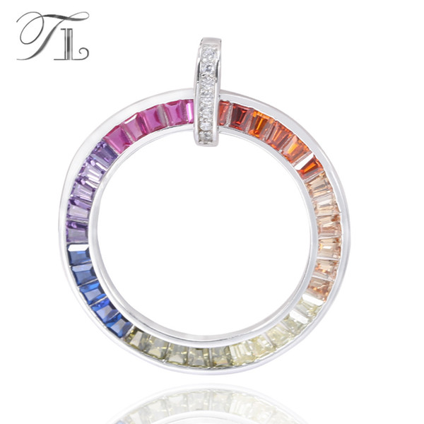 TL 925-Sterling-Silver Pendants Hollow Big Circle Rainbow Cubic Zircon Pendants For Women European Colorful Party Silver Jewelry