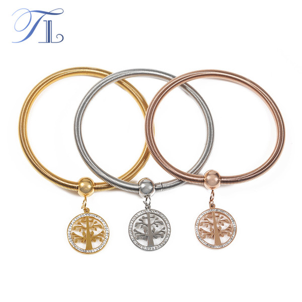 TL 3PCS/Lot Gold/Rose Gold/Silver Bangles Bracelets Crystal Life Tree Bangles Bracelets Spring Stainless Steel Women Bracelets