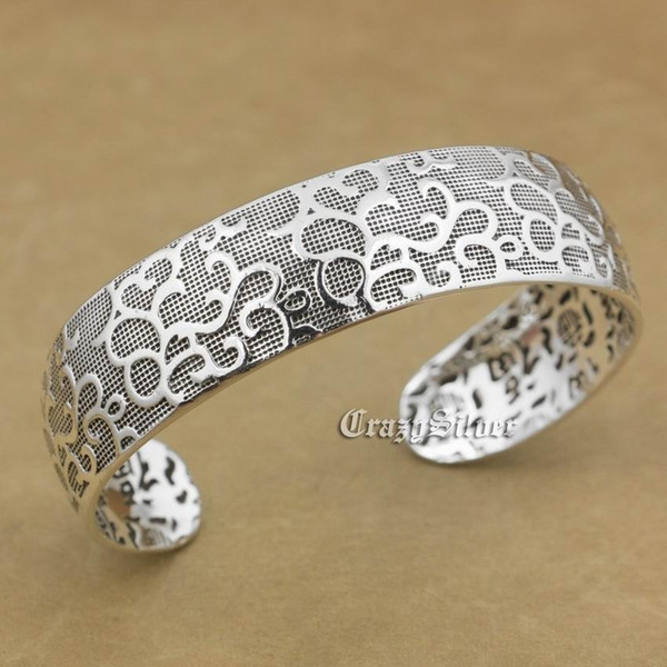 999 Sterling Silver Flower Charm Blessing Bracelet Bangle 9A016