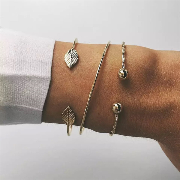 RAVIMOUR Punk Cuff Bangle Sets 3PC Leaf Spiral Statement Bracelets for Women Gold Color Trendy Charms Wristband Indian Jewelry