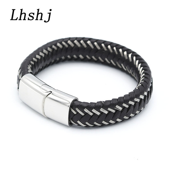 New Fashion Leather Bracelet Men Magnet buckle Charm Bracelets For Mens Black With Titanium Steel Rope Bangle Male Jewelry