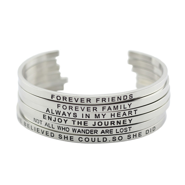 316L Stainless Steel Engraved Positive Inspirational Quote Hand Stamped Cuff Mantra Bracelet Bangle For Women Jewelry