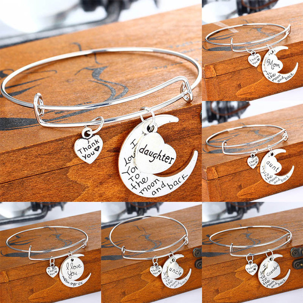 I Love You To The Moon and Back Bracelets Letter Family Mom Aunt Daughter Son Brother Sister Heart Charms Bracelet &Bangle For Women Gift