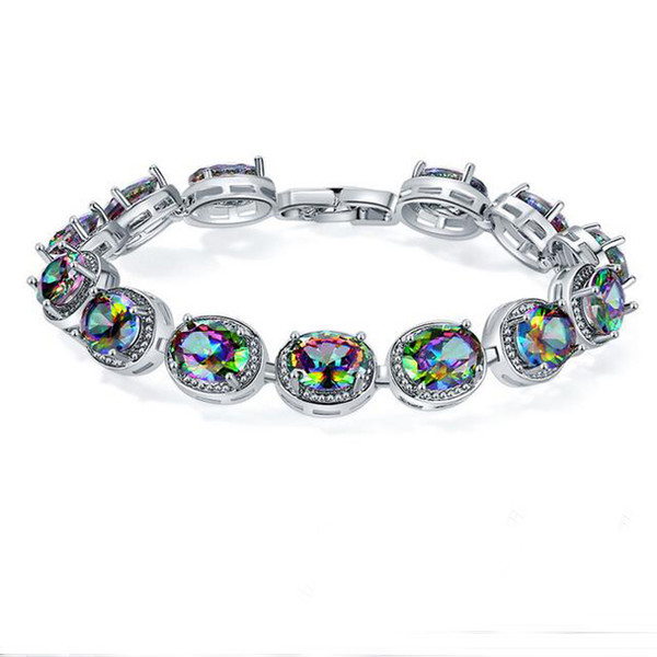 Luckyshine 2Pcs Holiday Gift Rainbow Crystal Natural Oval Mystic Topaz Gems Silver Plated Bracelet Bangle Women Bracelet Jewelry