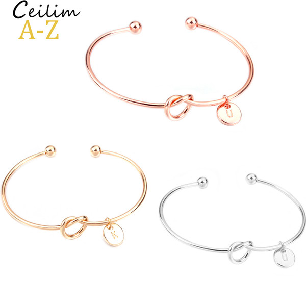 26 Letter Rose Gold Silver Gold Color Knot Heart Bracelet Bangle Girl Fashion Jewelry Zinc Alloy Round Pendant Chain & Link Bracelets