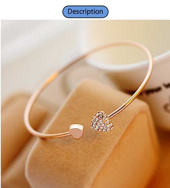 New Women Fashion Style Alloy Gold and Silver Color Rhinestone Love Heart Bangle Cuff Bracelet Jewelry hot sale