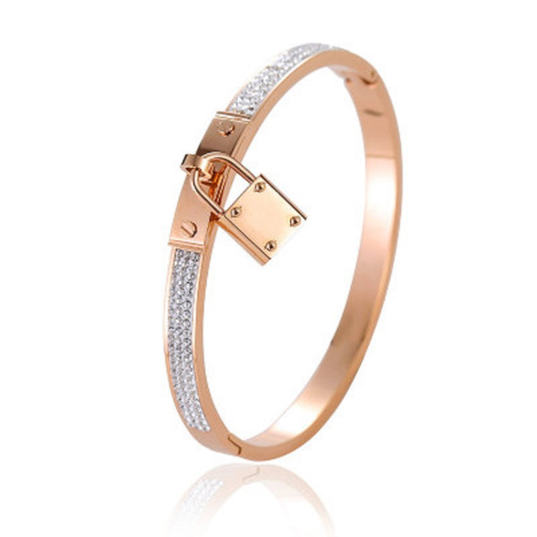 Brand Designer Lock Bangle Buckle Bracelets Titanium Steel Cuff Bracelets Pave Rhinestone Rose Gold Tone Charms Jewelry Women Wholesale DHL