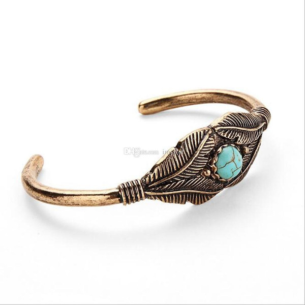 10 Pcs Antique Gold Silver Plated Carve Feather Leaves Turquoise Cuff Bracelet Cuff Bangle For Women Men Vintage Jewelry