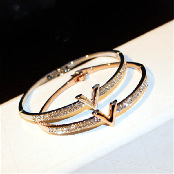 Luxury Letter V Crystal Bangles For Women 3 Colors Pulseira Feminina Fashion Design Rhinestone Arm Cuff Bracelet Jewelry Gift