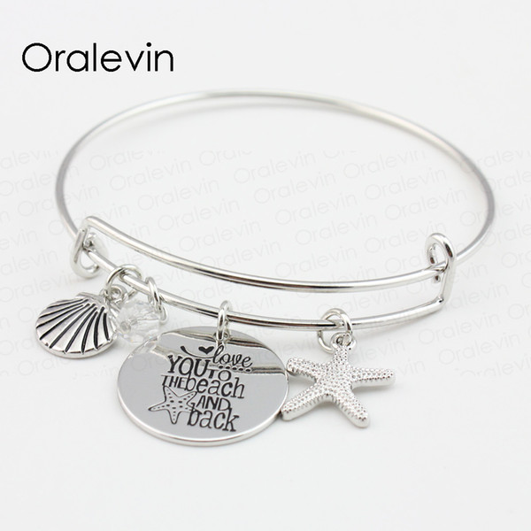 LOVE YOU TO THE BEACH AND BACK Shell Starfish Disc Charms Pendent Bracelet Bangle Lover Gift For Kids Jewelry,10Pcs/Lot,#LN102B