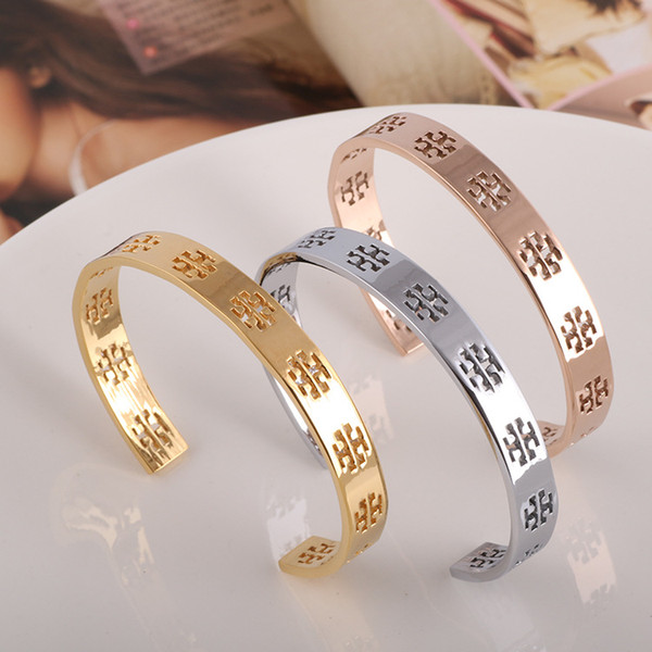 Stainless Steel Gold Cuff Bangle with Inverted T design for women Silver Rose Gold hollow out Logo open pulsera bracelet Fine jewelry