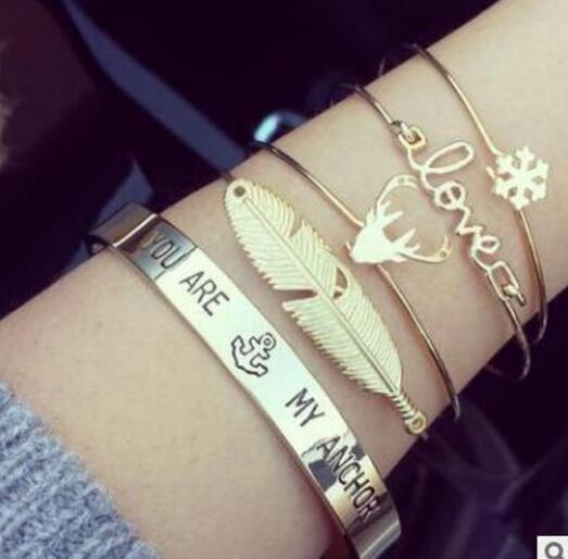 Hot sale combination bracelet set personalized letters love cute antlers feather shape alloy fashion opening bracelet for gift