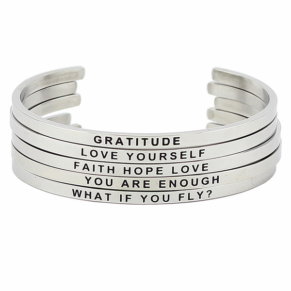 Hot Sale Stainless Steel Engraved Positive Inspirational Quote Hand Stamped BAR Cuff Bracelet Mantra Bangle for women