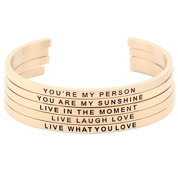 Hot Sale Stainless Steel Open Cuff Bracelet Rose Gold Hand Stamped Mantra Bangle Engraved Words Women Bangles Jewelry