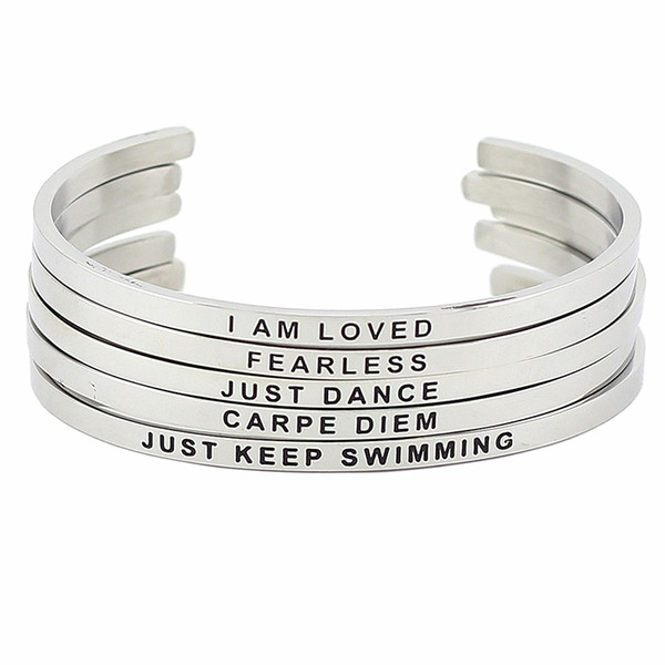 Silver Color 316L Stainless Steel Cuff Bracelet Bangle Engraved Positive Inspirational Quote Hand Stamped Mantra Bangle