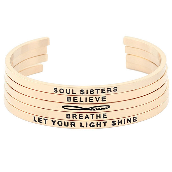 Hot Sale New Fashion Stainless Steel Open Cuff Rose Gold Women Hand Stamped Engraved Words Mantra Bracelet Bangle Jewelry