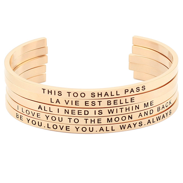 New and Hot! Wholesale Stainless Steel Open Cuff Hand Stamped Bracelet Engraved Words Rose Gold Mantra Bangle Jewelry