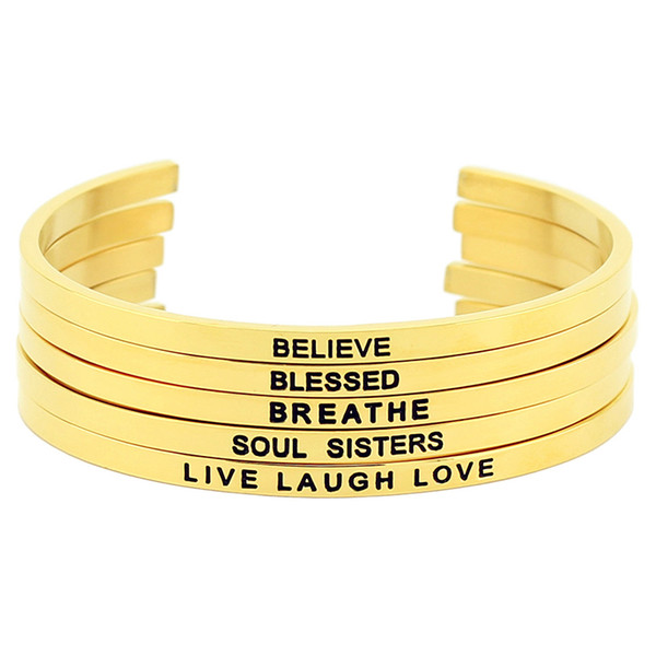 New Trendy Gold Stainless Steel Engraved Positive Inspirational Quote Mantra Bracelet Bangle for Women