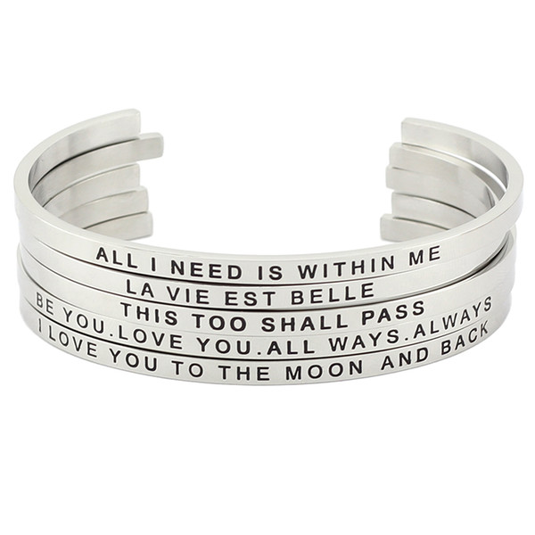 New arrival! Wholesale Fashion Stainless Steel Engraved Positive Inspirational Quote Cuff Mantra Bracelet Bangle for women men